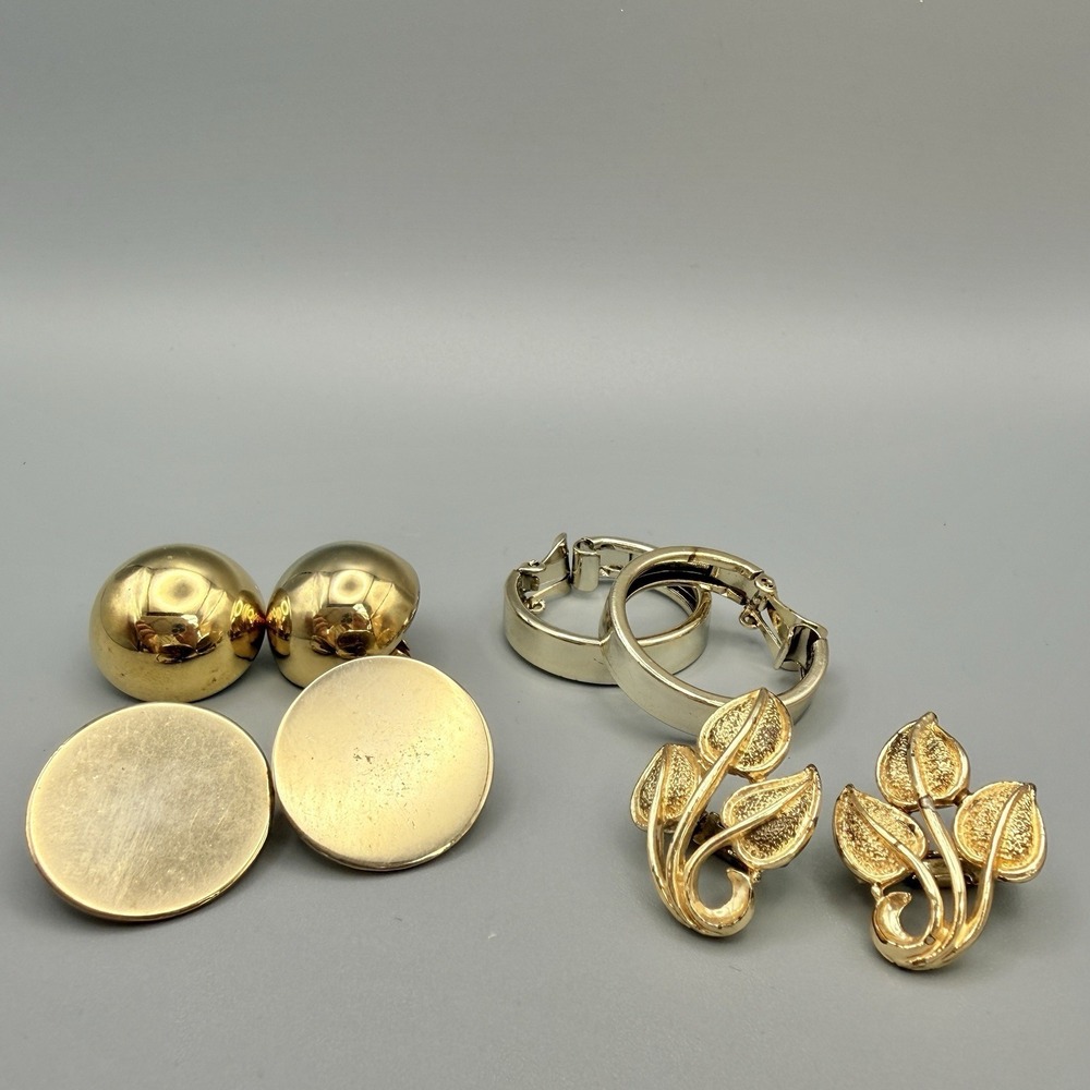 Vintage Clip On Earrings Lot Minimalist Gold Tone Signed Coro Pat Pend Leaf Hoop